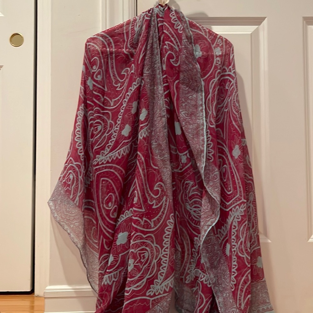 Pretty Persuasion oversized print scarf color is cherry red and teal